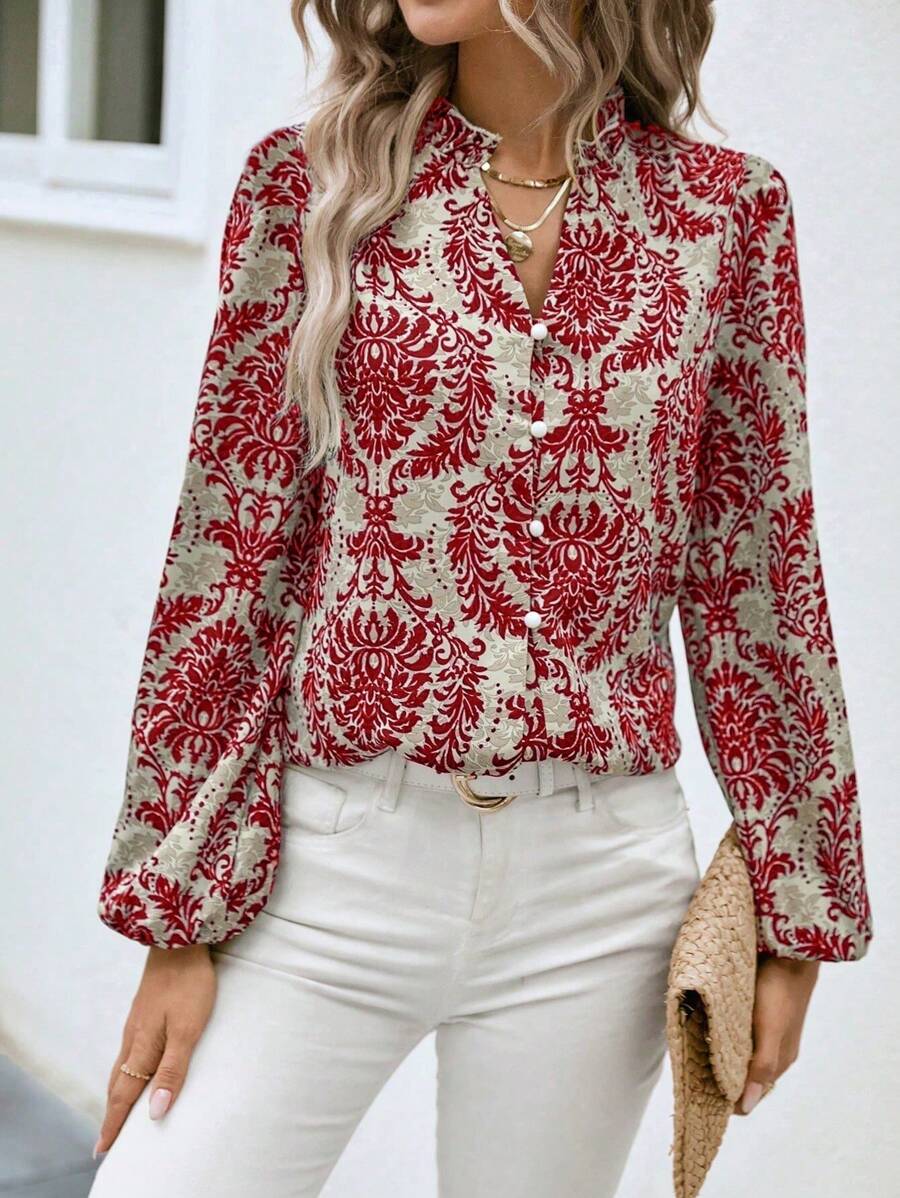 Breezaya Women Floral Print Lantern Sleeve V-Neck Elegant Blouse