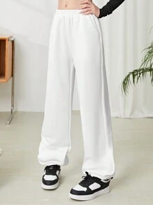 SHEIN Teen Girls Solid Color Letter Print Loose Casual Pockets Drawstring Jogger Pants - Black and White - View 2