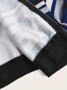 SHEIN ICON 秋冬前拉链长袖纯色拼布字母印花休闲夹克 - 藏蓝色 - 查看 5