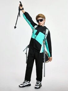 SHEIN 2 件套青少年男孩时尚运动风衣连帽衫夹克和裤子，带字母和徽标印花色块设计，休闲户外街头装