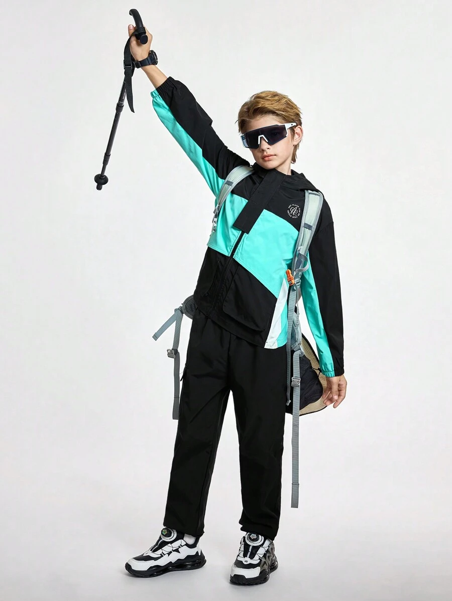 SHEIN 2 件套青少年男孩时尚运动风衣连帽衫夹克和裤子，带字母和徽标印花色块设计，休闲户外街头装