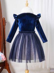 Young Girls Solid Color Patchwork Long Sleeve Ruffle Hem Dress - Royal Blue - View 2