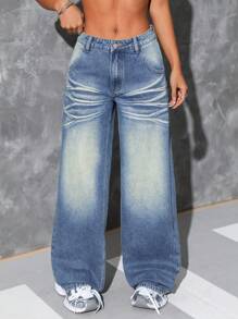 SHEIN ICON Women Simple Front Button Pocket Casual Denim Long Pants