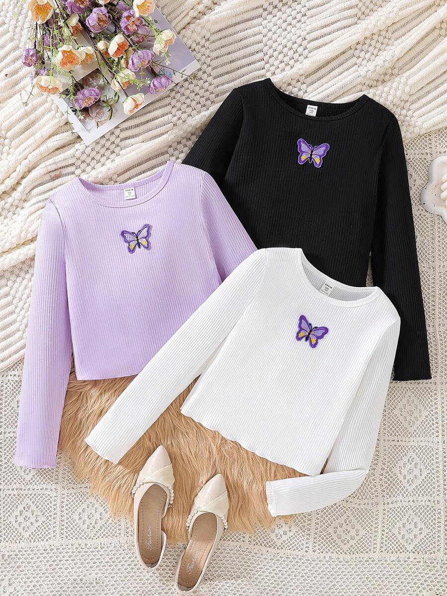 Elladie kids 3 件套 Tween 女童蝴蝶刺绣罗纹 T 恤套装，优雅，适合春秋季节 - 彩色 - 查看 1