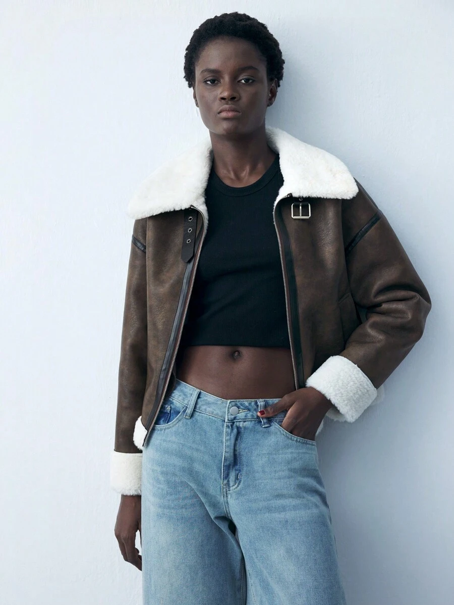 Maija 女士棕色皮革与毛皮拼接长袖前拉链休闲简约飞行员夹克，秋冬款