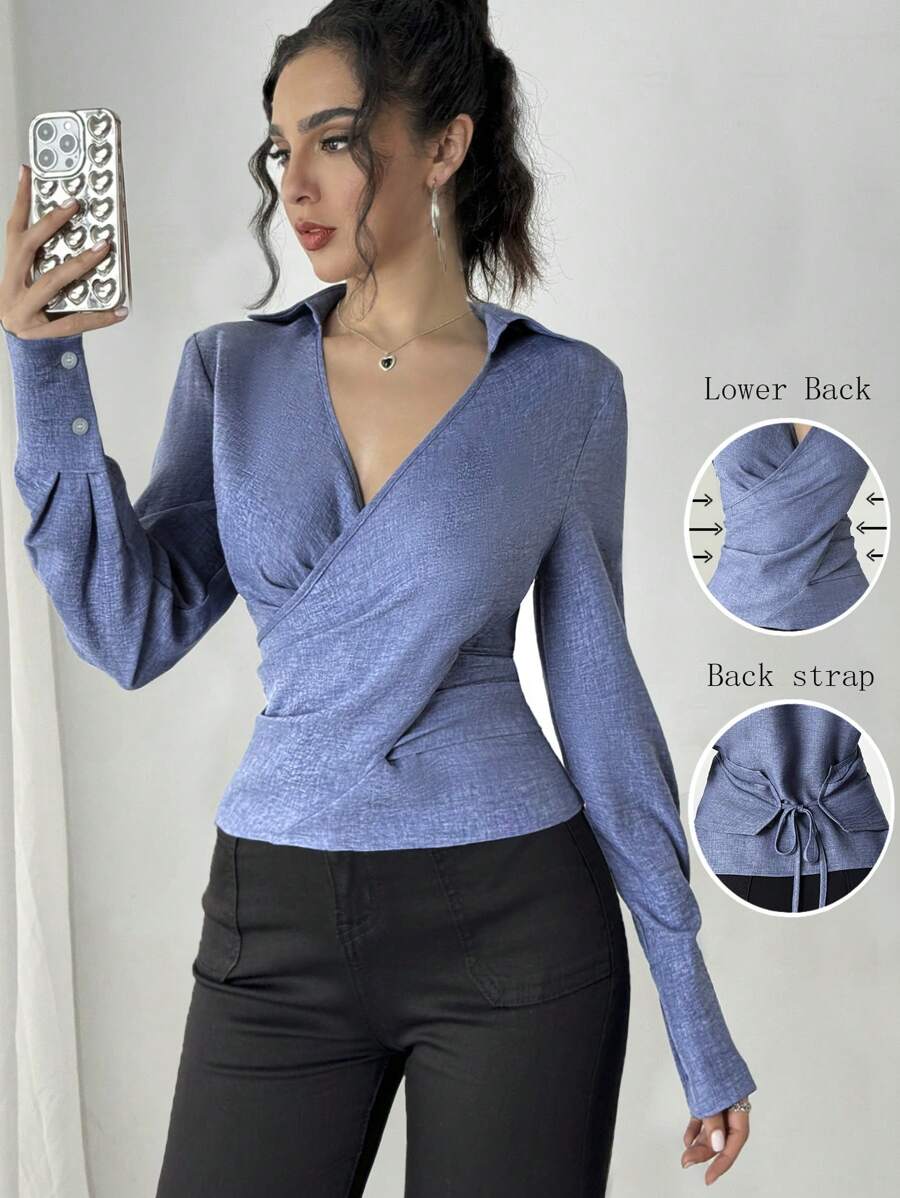 Chiquease Women's Asymmetric Hem Wrap Cinched Waist Shirt, Short Front Long Back Fall Cloth For Women - Medium Wash - View 1