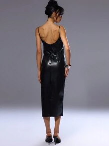 MUSERA 褶皱PU性感黑色连衣裙，优雅春夏度假派对礼服，时尚别致 - 黑色 - 查看 3