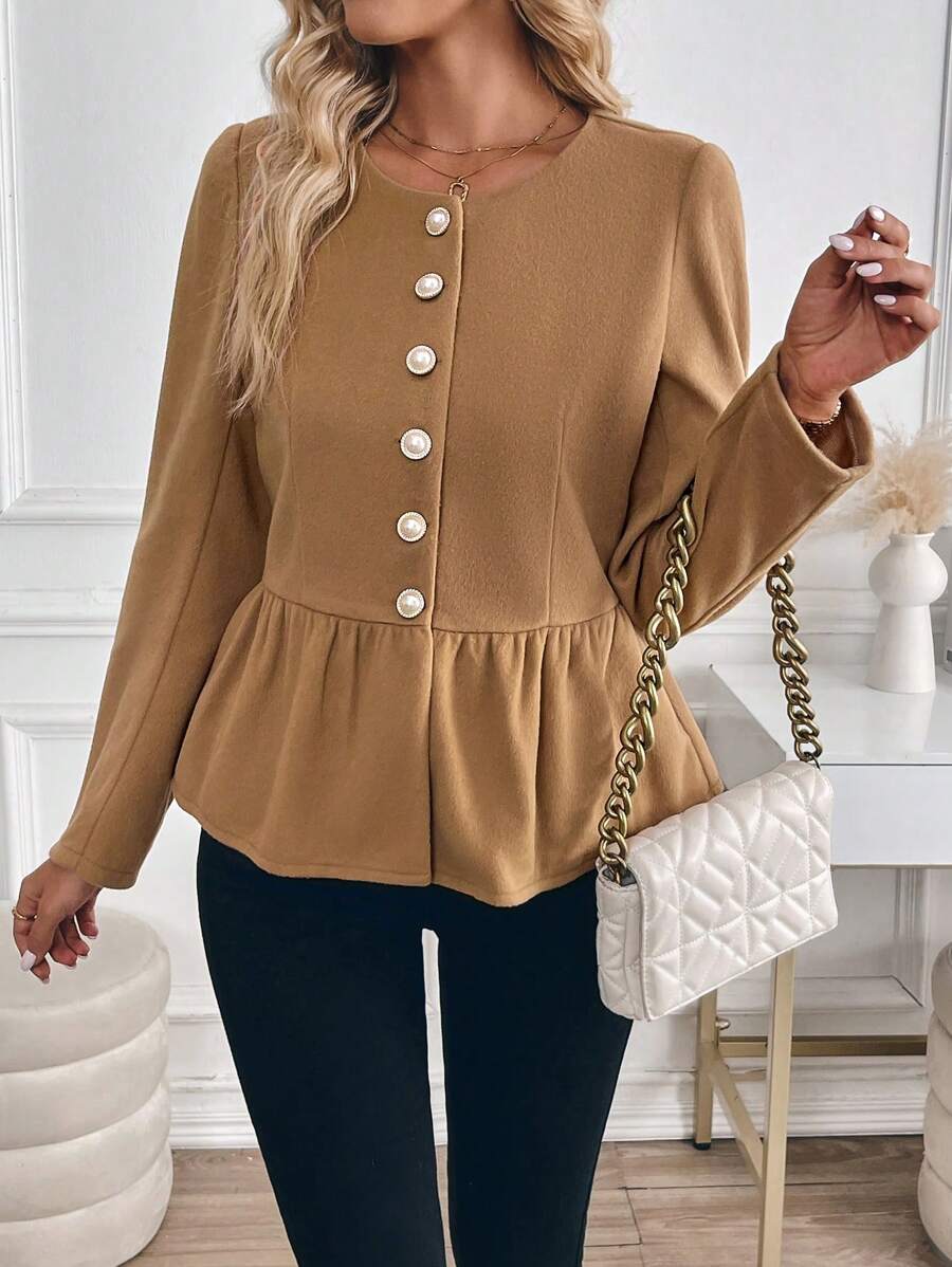 SHEIN LUNE Fashionable & Simple Sweet Fitted Ruffled Trim Ladies Woolen Coat Fall Cloth For Women - Brown - View 1