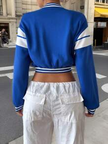 SHEIN LUNE LUNE Letter Embroidered Long Sleeve Baseball Jacket For Women, Cropped Spring/Fall - Blue - View 2