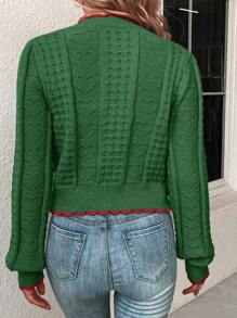 EMERY ROSE Women Contrast Trim Front Button Long Sleeve Cardigan,Long Sleeve Tops - Green - View 2