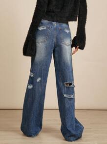 Premium 91% Cotton Denim Ripped High Rise Baggy Wide Leg Jeans - Dark Wash - View 5