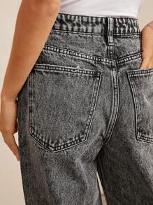 WESTFADE Premium 91% Cotton Denim Crossover Mid Rise Baggy Straight Leg Jeans - Black - View 6