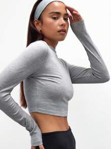 MUSERA ESSENTIALS Long Sleeve Jersey Rib Cropped Cotton Blend Top Casual Summer Vacation Spring Summer - Grey - View 5