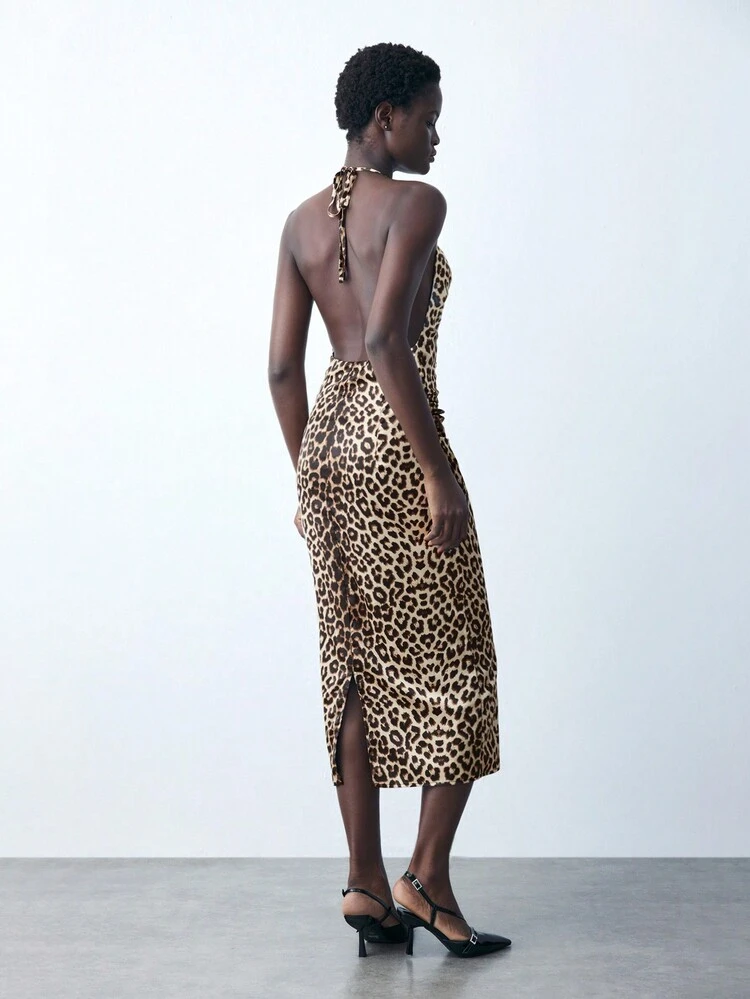 SHEIN Maija Women's Backless Animal Print Dress With Neck Tie, For Vacation
