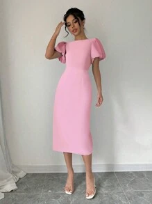 Elenzga Vestido elegante de mujer de unicolor con cuello redondo, manga corta abullonada y ajustado hasta la mitad del muslo, conjunto de mujer de verano maxivestido