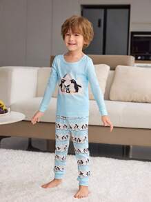 2 件装小男孩可爱企鹅家庭印花长袖 T 恤和裤子贴身睡衣套装 - 淺藍色 - 查看 4