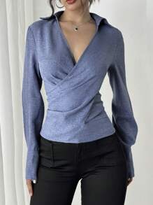 Chiquease Women's Asymmetric Hem Wrap Cinched Waist Shirt, Short Front Long Back Fall Cloth For Women - Medium Wash - View 5