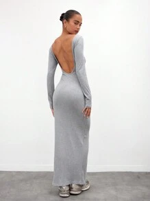 MUSERA ESSENTIALS Jersey Open Back Long Sleeve Maxi Dress Sexy Cute Spring Summer Party Going Out Vacation - Grey - View 4