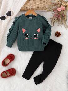 Baby Girls' Cartoon Cat Print Raglan Sleeve Ruffle Trim Top And Pants Casual 2pcs Set, Spring Fall - Dark Green - View 1