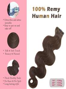 Seamless Clip Ins 7 piezas Extensiones de cabello humano Remy de onda corporal 4# marrón oscuro 130g/150g con sistema de clip invisible, 100% alineadas con la cutícula, doble trama, de alta calidad - S4 - Ver 2