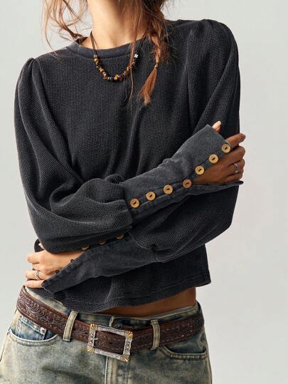 Bohemela 女士休闲纯色针织圆领长袖常规版型 T 恤