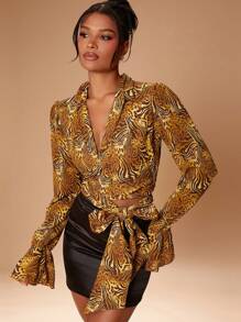 Hauture Top con corbata propia de gasa impresa transparente - Multicolor - Ver 1