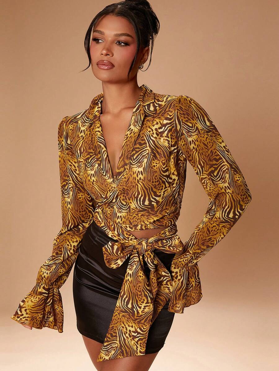 Hauture Top con corbata propia de gasa impresa transparente - Multicolor - Ver 1