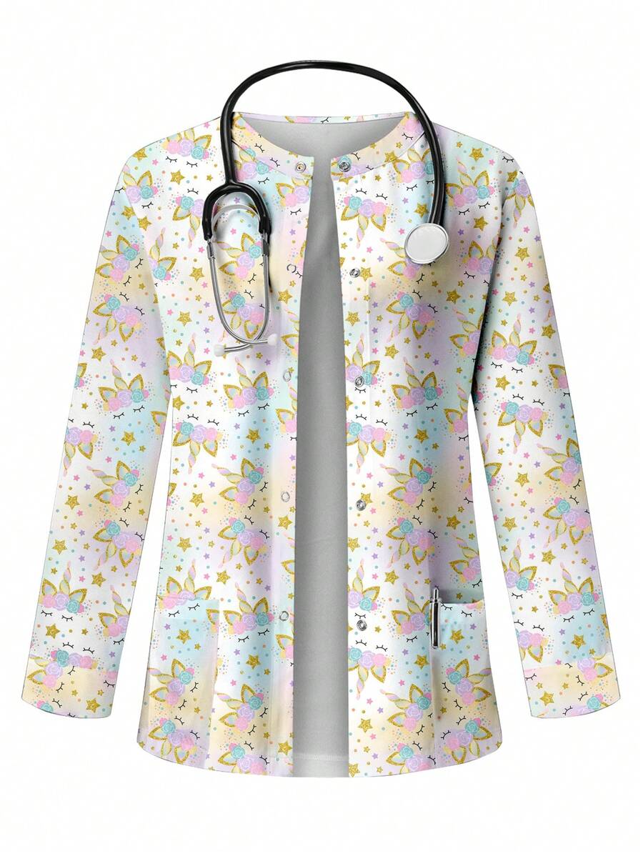 PopScrub Jaket Seragam Perawat Wanita Motif Unicorn dengan Kancing Depan - MultiWarna - View 1