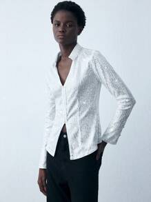 Maija 女式白色收腰纯色长袖休闲衬衫，配亮片装饰 - 銀色 - 查看 5