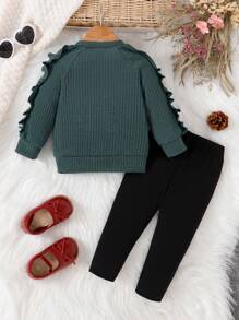 Baby Girls' Cartoon Cat Print Raglan Sleeve Ruffle Trim Top And Pants Casual 2pcs Set, Spring Fall - Dark Green - View 2