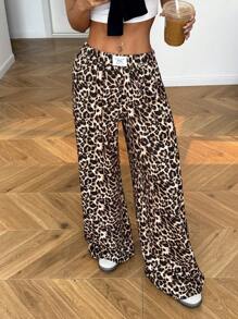 SHEIN EZwear Quần ống rộng dệt kim họa tiết da báo cho nữ - Nhiều màu - Xem 1