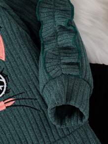 Baby Girls' Cartoon Cat Print Raglan Sleeve Ruffle Trim Top And Pants Casual 2pcs Set, Spring Fall - Dark Green - View 4