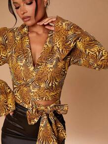 Hauture Top con corbata propia de gasa impresa transparente - Multicolor - Ver 6