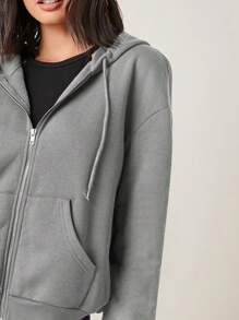 EURMUSE Drop Shoulder Zip Up Drawstring Thermal Hoodie - Grey - View 4