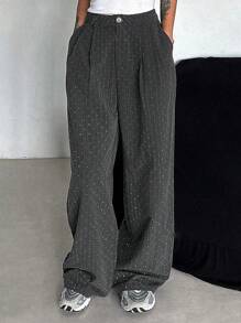 DAZY Women's Front Button Vertical Striped Rhinestone Embellished Casual Suit Pants Business Attire - Grey - View 3