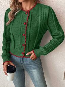EMERY ROSE Women Contrast Trim Front Button Long Sleeve Cardigan,Long Sleeve Tops - Green - View 6