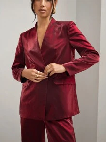 COSMINA Women's Spring/Fall Solid V-Neck Long Sleeve Jacket And Pants Elegant Suit Set - Burgundy - View 6