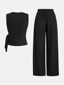 SHEIN PETITE 2 件套女士休闲纯色系腰无袖上衣和阔腿裤套装 - 黑色 - 查看 2