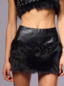 MUSERA PU Fur Contrast Mini Skirt Y2k Autumn Winter Fall  Going Out  New Years Party - Black - View 5