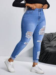 SHEIN SXY Plus Size Elastic Distressed Denim Jeans