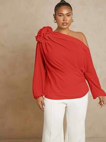 Hauture Plus Asymmetric Off Shoulder Shirt With 3D Flower - Red - View 8