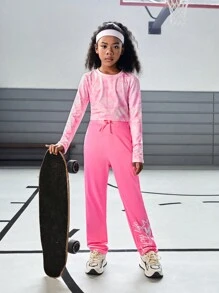 Conjunto deportivo de sudadera de cuello redondo con estampado digital de manga larga y pantalones estampados para niña preadolescente, otoño/invierno - Rosa - Ver 3