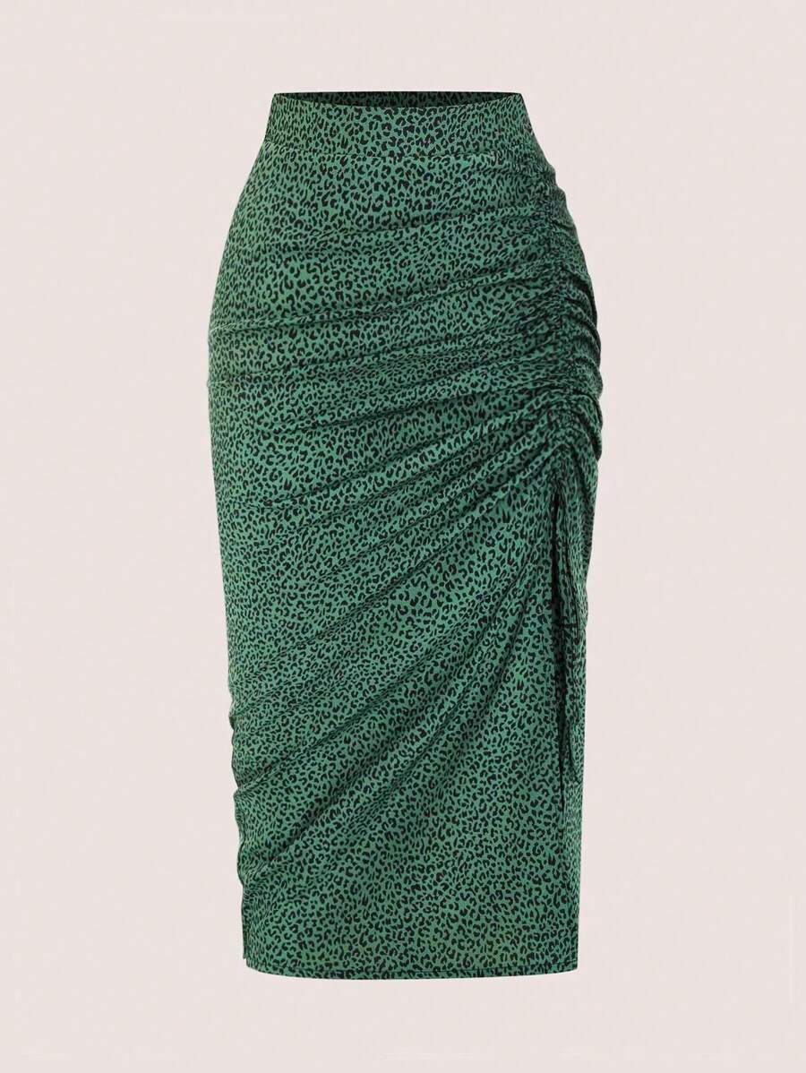 Sweetra 大码豹纹开叉褶皱 A 字裙，休闲海滩 - 彩色 - 查看 1