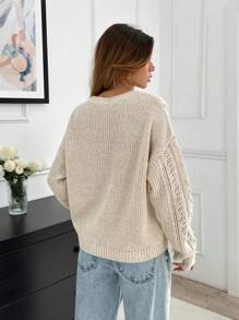 EURMUSE Women's Asymmetric And Pon Pon Knit Pattern Detailed Sweater - Brown - View 5