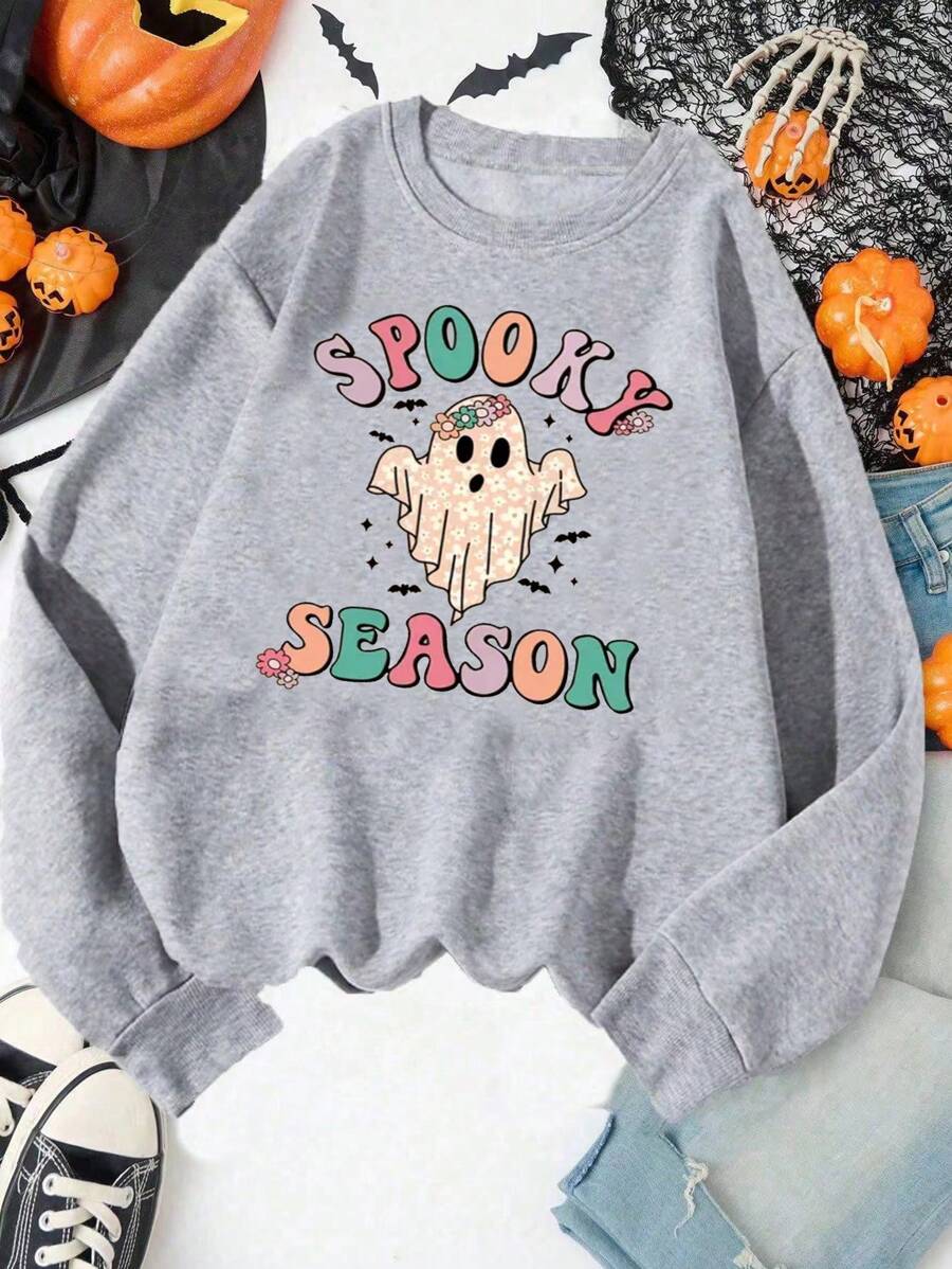 Tween Girl Halloween Printed Casual Crew Neck Sweatshirt - Grey - View 1
