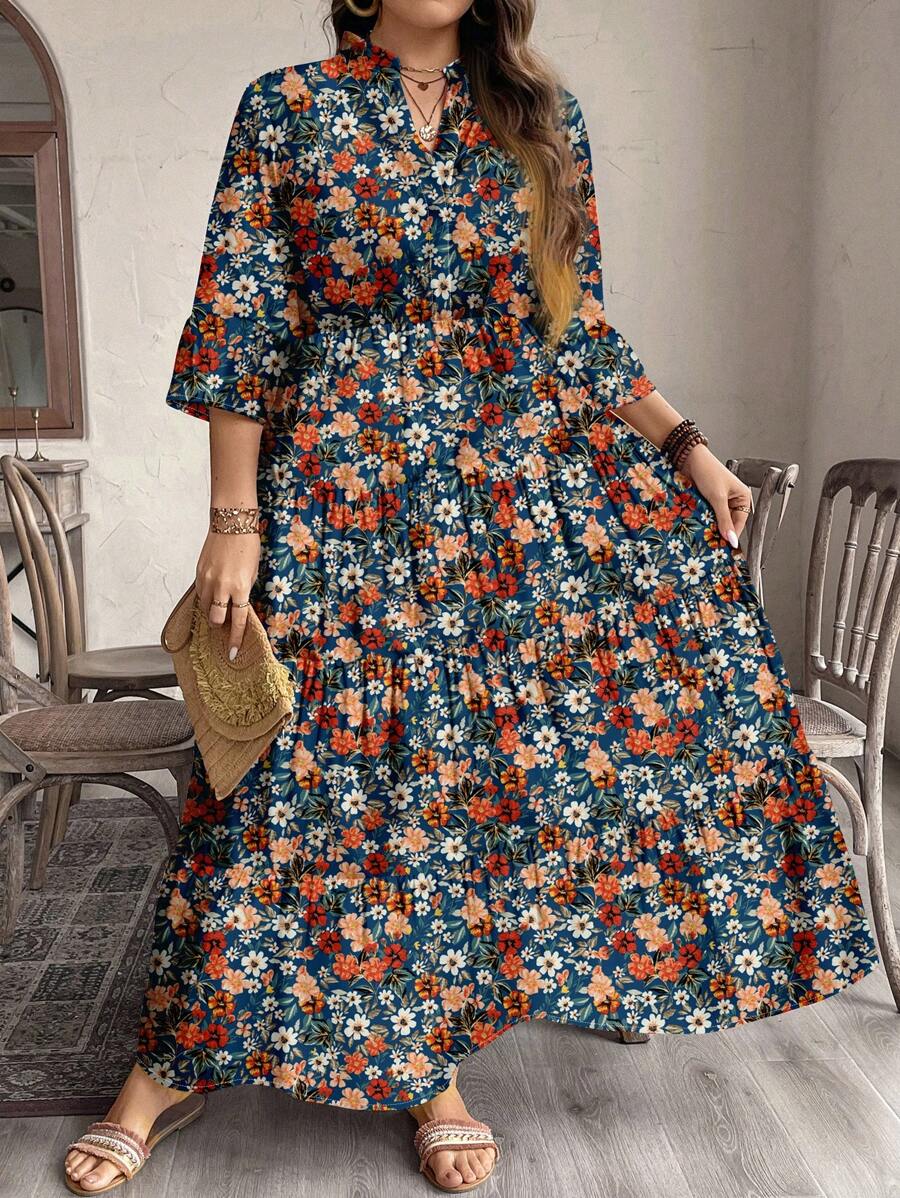 EMERY ROSE 复古碎花 V 领长袖褶皱女式连衣裙，适合秋季 - 彩色 - 查看 1