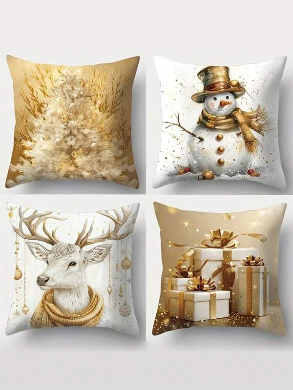 4 Pieces Christmas Pillow Case - Contemporary Style, Cute Christmas Snowman And Cartoon Elk & Christmas Tree Print, Zipper Closure, Hand Wash, Woven Polyester For Living Room Decor, Golden Christmas Themed Party Decor Pillow Case