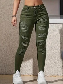 女士时尚军绿色休闲破洞紧身牛仔裤 - 軍綠色 - 查看 5