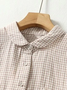 Retro Round Neck Classic Plaid Shirt, Linen-Like Casual Long Sleeve Blouse For Women - Khaki - View 3