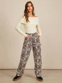 WESTFADE Pantalones de carga casuales de mezclilla de algodón 98% premium con estampado de leopardo